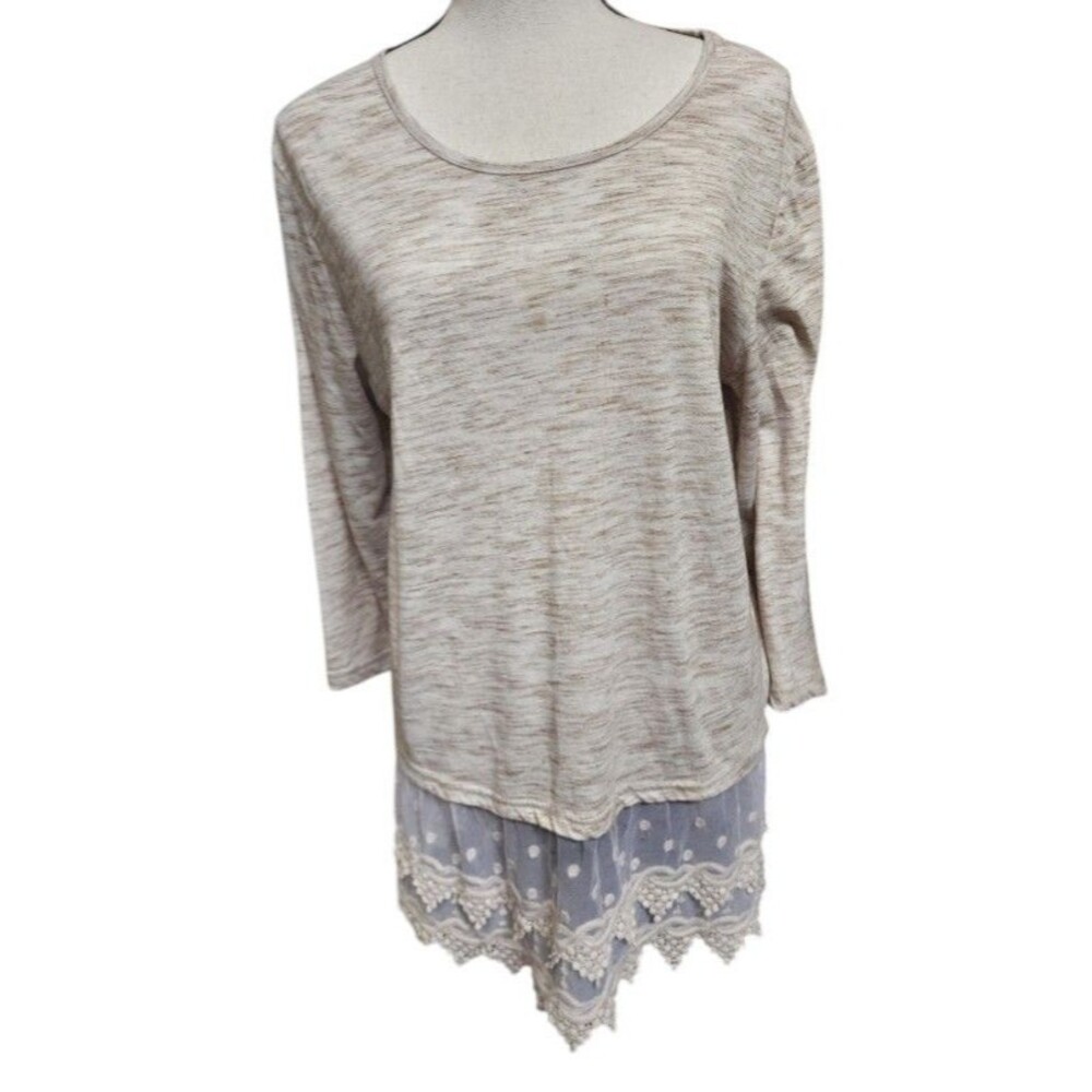 South Main Beige Tunic Sheer Lace Bottom Size Large 3/4 Sleeve Lagenlook